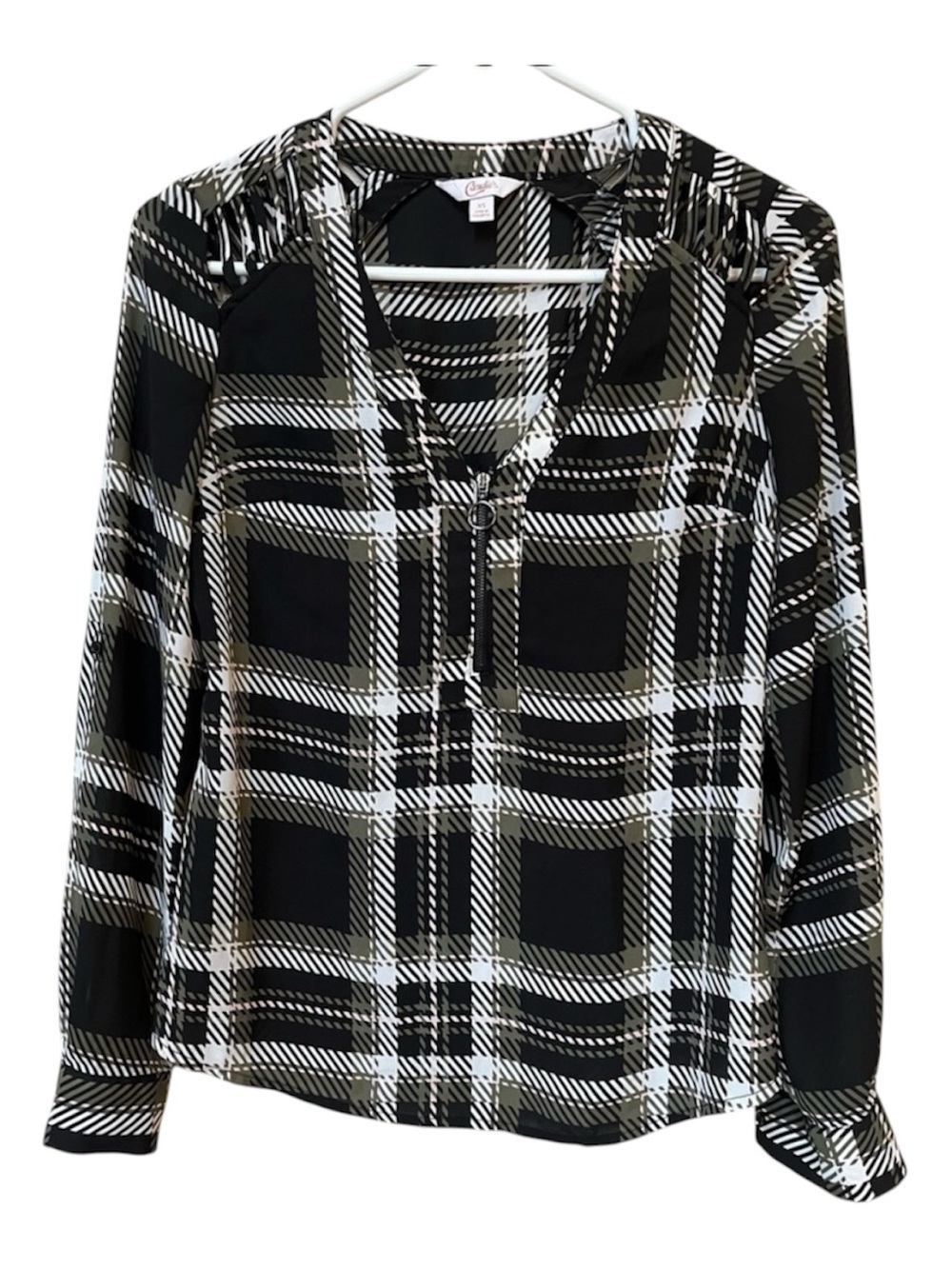 Candie’s Plaid Sheer Half Zip Blouse XS Y2K Preppy Grunge Ring Pull
